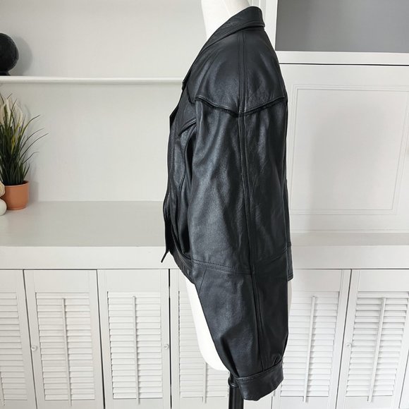 Vintage Black Leather Cropped V-Neck Leather Jacket | S/M - Picture 5 of 9